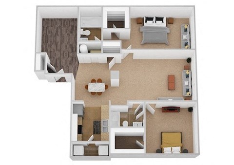 A 3D floor plan of a small apartment with a living room, kitchen, and bedroom.